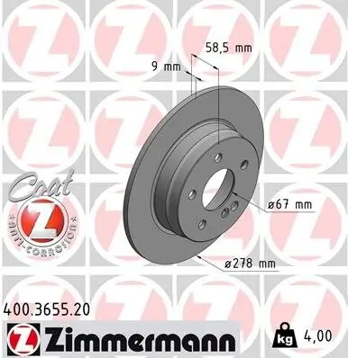 Bremsscheibe Hinterachse ZIMMERMANN 400.3655.20 Bild Bremsscheibe Hinterachse ZIMMERMANN 400.3655.20