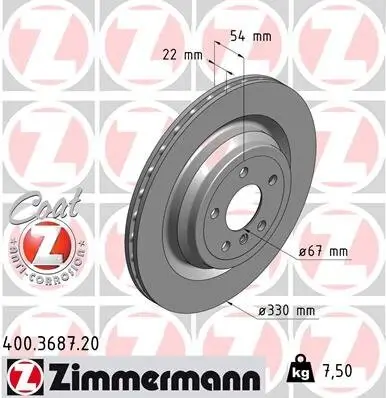 Bremsscheibe Hinterachse ZIMMERMANN 400.3687.20 Bild Bremsscheibe Hinterachse ZIMMERMANN 400.3687.20