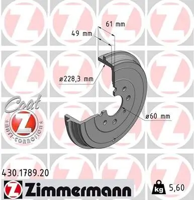 Bremstrommel Hinterachse ZIMMERMANN 430.1789.20 Bild Bremstrommel Hinterachse ZIMMERMANN 430.1789.20