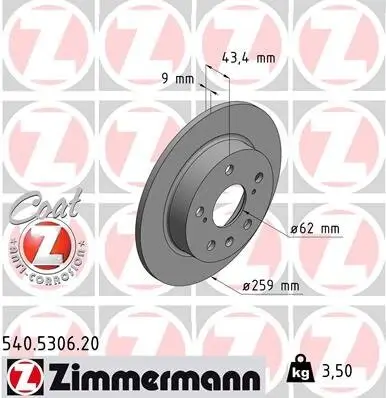 Bremsscheibe Hinterachse ZIMMERMANN 540.5306.20 Bild Bremsscheibe Hinterachse ZIMMERMANN 540.5306.20