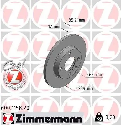 Bremsscheibe ZIMMERMANN 600.1158.20 Bild Bremsscheibe ZIMMERMANN 600.1158.20