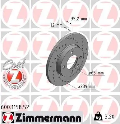 Bremsscheibe Vorderachse ZIMMERMANN 600.1158.52 Bild Bremsscheibe Vorderachse ZIMMERMANN 600.1158.52