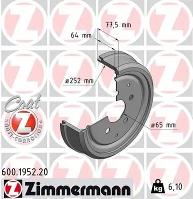 Bremstrommel Hinterachse ZIMMERMANN 600.1952.20 Bild Bremstrommel Hinterachse ZIMMERMANN 600.1952.20