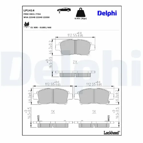 Bremsbelagsatz, Scheibenbremse Vorderachse DELPHI LP1414 Bild Bremsbelagsatz, Scheibenbremse Vorderachse DELPHI LP1414
