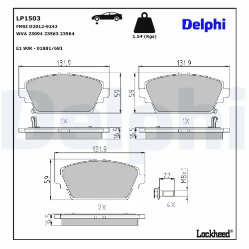 Bremsbelagsatz, Scheibenbremse Vorderachse DELPHI LP1503 Bild Bremsbelagsatz, Scheibenbremse Vorderachse DELPHI LP1503
