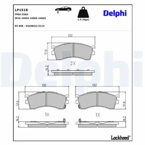Bremsbelagsatz, Scheibenbremse Vorderachse DELPHI LP1518 Bild Bremsbelagsatz, Scheibenbremse Vorderachse DELPHI LP1518