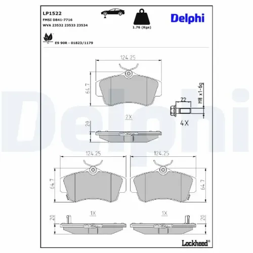 Bremsbelagsatz, Scheibenbremse Vorderachse DELPHI LP1522 Bild Bremsbelagsatz, Scheibenbremse Vorderachse DELPHI LP1522