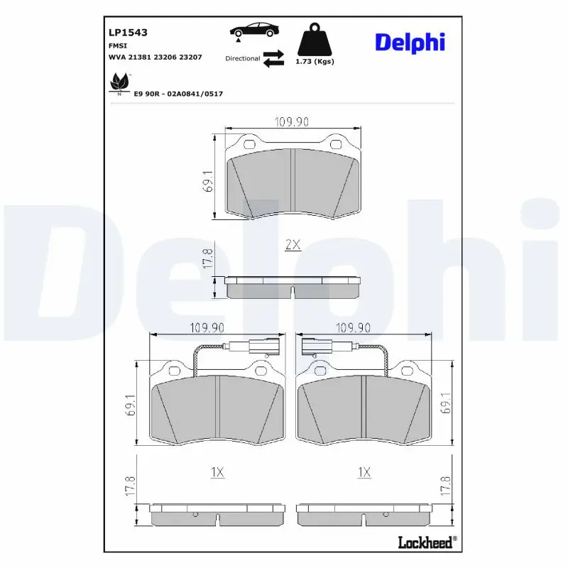 Bremsbelagsatz, Scheibenbremse Vorderachse DELPHI LP1543