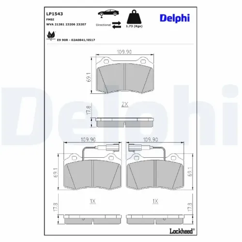 Bremsbelagsatz, Scheibenbremse Vorderachse DELPHI LP1543 Bild Bremsbelagsatz, Scheibenbremse Vorderachse DELPHI LP1543