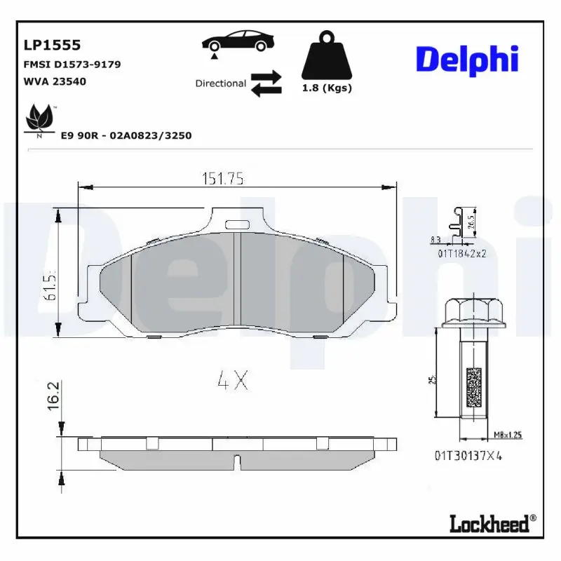 Bremsbelagsatz, Scheibenbremse Vorderachse DELPHI LP1555