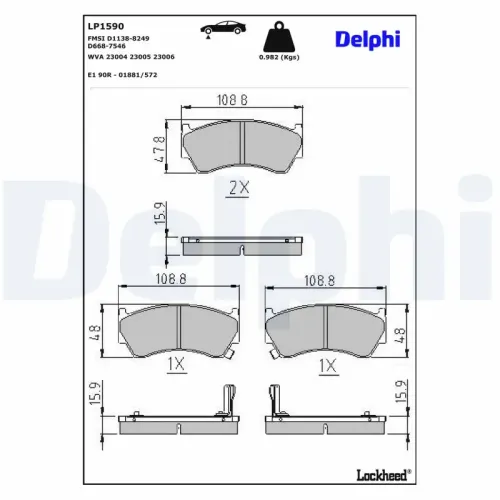 Bremsbelagsatz, Scheibenbremse Vorderachse DELPHI LP1590 Bild Bremsbelagsatz, Scheibenbremse Vorderachse DELPHI LP1590