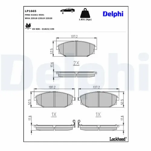 Bremsbelagsatz, Scheibenbremse Vorderachse DELPHI LP1665 Bild Bremsbelagsatz, Scheibenbremse Vorderachse DELPHI LP1665