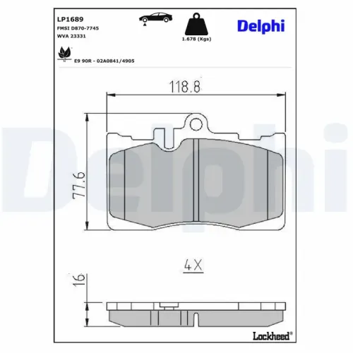 Bremsbelagsatz, Scheibenbremse Vorderachse DELPHI LP1689 Bild Bremsbelagsatz, Scheibenbremse Vorderachse DELPHI LP1689