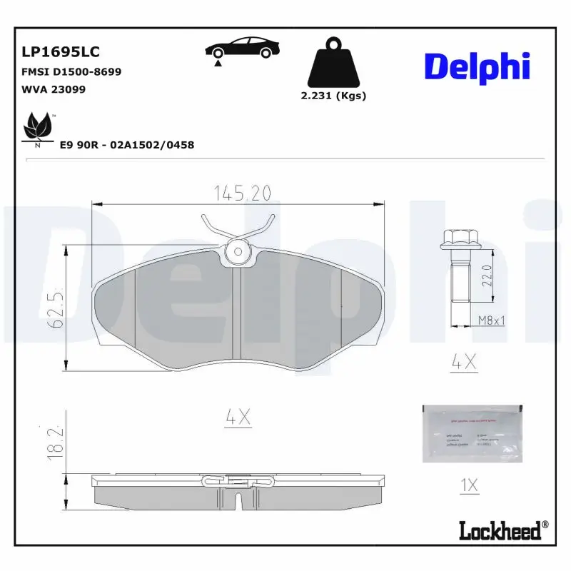 Bremsbelagsatz, Scheibenbremse Vorderachse DELPHI LP1695LC
