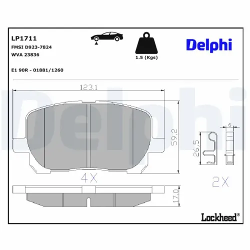 Bremsbelagsatz, Scheibenbremse Vorderachse DELPHI LP1711 Bild Bremsbelagsatz, Scheibenbremse Vorderachse DELPHI LP1711