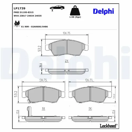 Bremsbelagsatz, Scheibenbremse Vorderachse DELPHI LP1739 Bild Bremsbelagsatz, Scheibenbremse Vorderachse DELPHI LP1739