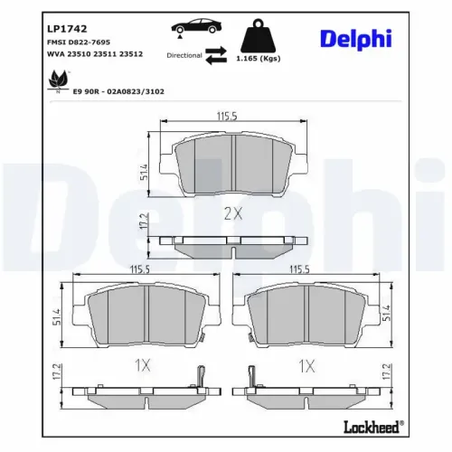 Bremsbelagsatz, Scheibenbremse Vorderachse DELPHI LP1742 Bild Bremsbelagsatz, Scheibenbremse Vorderachse DELPHI LP1742