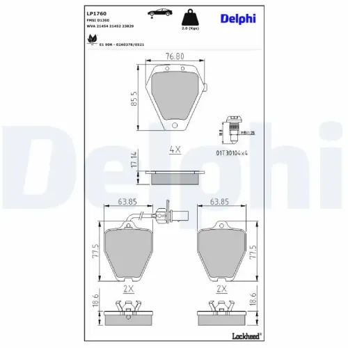 Bremsbelagsatz, Scheibenbremse Vorderachse DELPHI LP1760 Bild Bremsbelagsatz, Scheibenbremse Vorderachse DELPHI LP1760