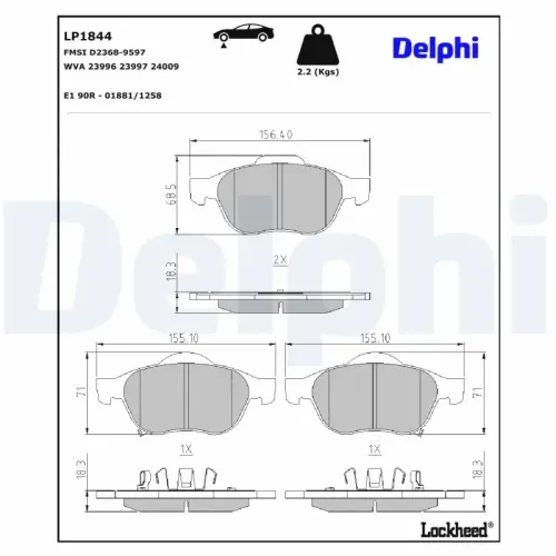 Bremsbelagsatz, Scheibenbremse Vorderachse DELPHI LP1844 Bild Bremsbelagsatz, Scheibenbremse Vorderachse DELPHI LP1844