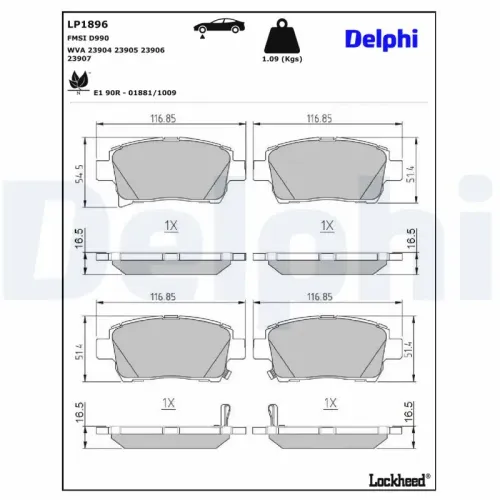 Bremsbelagsatz, Scheibenbremse Vorderachse DELPHI LP1896 Bild Bremsbelagsatz, Scheibenbremse Vorderachse DELPHI LP1896