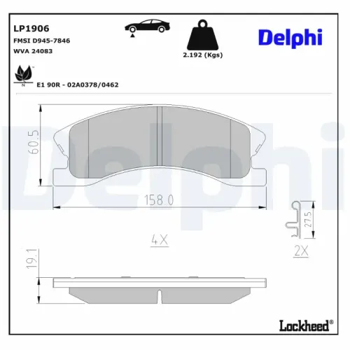 Bremsbelagsatz, Scheibenbremse Vorderachse DELPHI LP1906 Bild Bremsbelagsatz, Scheibenbremse Vorderachse DELPHI LP1906