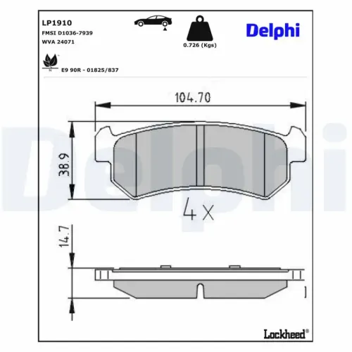 Bremsbelagsatz, Scheibenbremse Hinterachse DELPHI LP1910 Bild Bremsbelagsatz, Scheibenbremse Hinterachse DELPHI LP1910