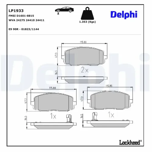 Bremsbelagsatz, Scheibenbremse Vorderachse DELPHI LP1933 Bild Bremsbelagsatz, Scheibenbremse Vorderachse DELPHI LP1933