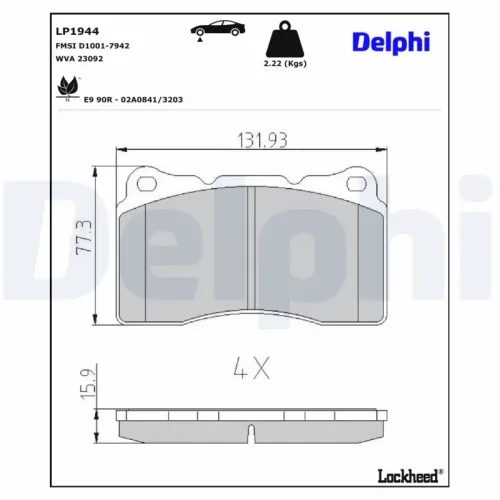 Bremsbelagsatz, Scheibenbremse DELPHI LP1944 Bild Bremsbelagsatz, Scheibenbremse DELPHI LP1944