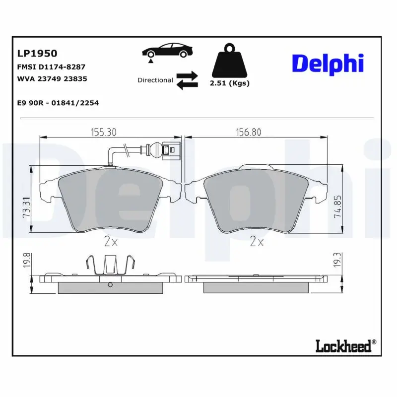 Bremsbelagsatz, Scheibenbremse Vorderachse DELPHI LP1950