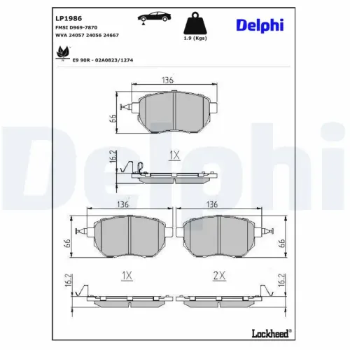 Bremsbelagsatz, Scheibenbremse Vorderachse DELPHI LP1986 Bild Bremsbelagsatz, Scheibenbremse Vorderachse DELPHI LP1986
