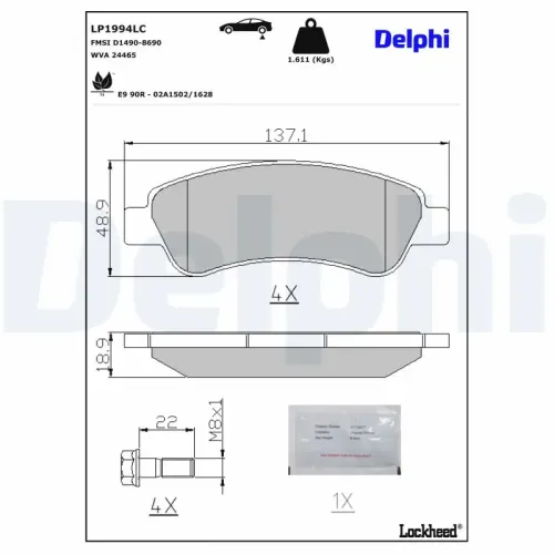 Bremsbelagsatz, Scheibenbremse DELPHI LP1994LC Bild Bremsbelagsatz, Scheibenbremse DELPHI LP1994LC