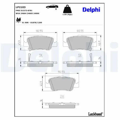 Bremsbelagsatz, Scheibenbremse Hinterachse DELPHI LP2103 Bild Bremsbelagsatz, Scheibenbremse Hinterachse DELPHI LP2103