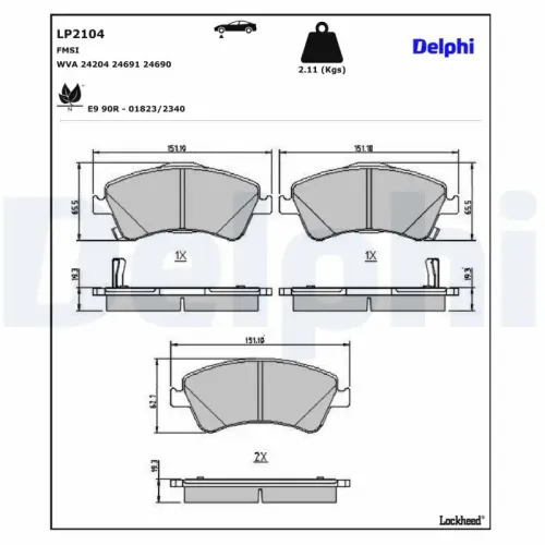 Bremsbelagsatz, Scheibenbremse Vorderachse DELPHI LP2104 Bild Bremsbelagsatz, Scheibenbremse Vorderachse DELPHI LP2104