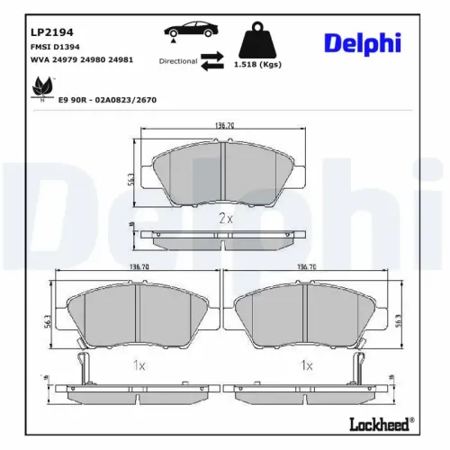 Bremsbelagsatz, Scheibenbremse DELPHI LP2194 Bild Bremsbelagsatz, Scheibenbremse DELPHI LP2194