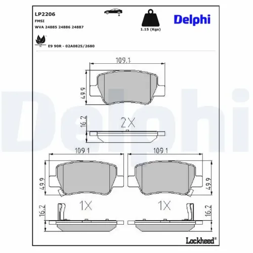 Bremsbelagsatz, Scheibenbremse Hinterachse DELPHI LP2206 Bild Bremsbelagsatz, Scheibenbremse Hinterachse DELPHI LP2206
