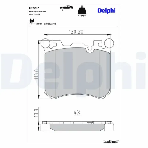 Bremsbelagsatz, Scheibenbremse Vorderachse DELPHI LP2287 Bild Bremsbelagsatz, Scheibenbremse Vorderachse DELPHI LP2287