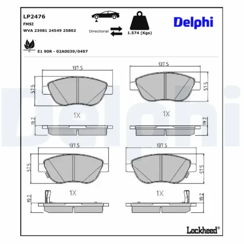 Bremsbelagsatz, Scheibenbremse Vorderachse DELPHI LP2476 Bild Bremsbelagsatz, Scheibenbremse Vorderachse DELPHI LP2476