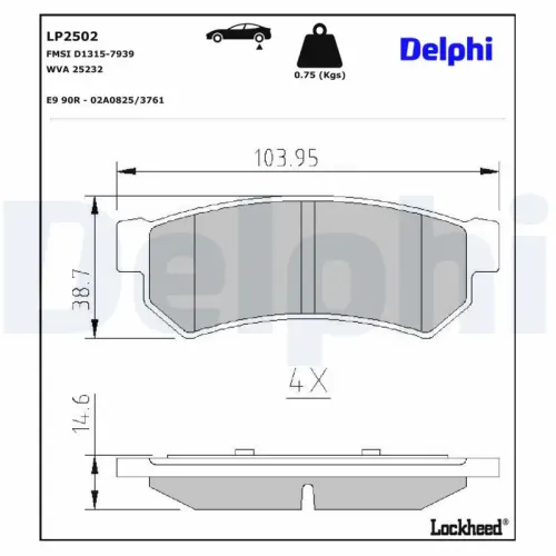 Bremsbelagsatz, Scheibenbremse Hinterachse DELPHI LP2502 Bild Bremsbelagsatz, Scheibenbremse Hinterachse DELPHI LP2502