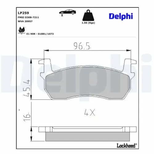 Bremsbelagsatz, Scheibenbremse Vorderachse DELPHI LP259 Bild Bremsbelagsatz, Scheibenbremse Vorderachse DELPHI LP259
