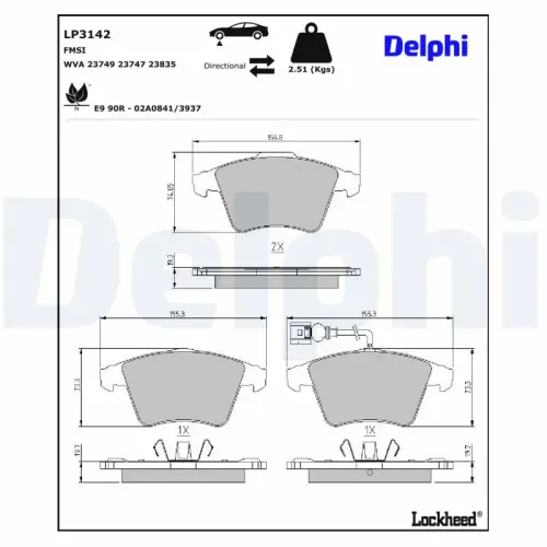 Bremsbelagsatz, Scheibenbremse Vorderachse DELPHI LP3142 Bild Bremsbelagsatz, Scheibenbremse Vorderachse DELPHI LP3142