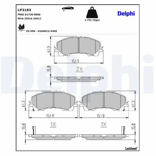 Bremsbelagsatz, Scheibenbremse Vorderachse DELPHI LP3183 Bild Bremsbelagsatz, Scheibenbremse Vorderachse DELPHI LP3183