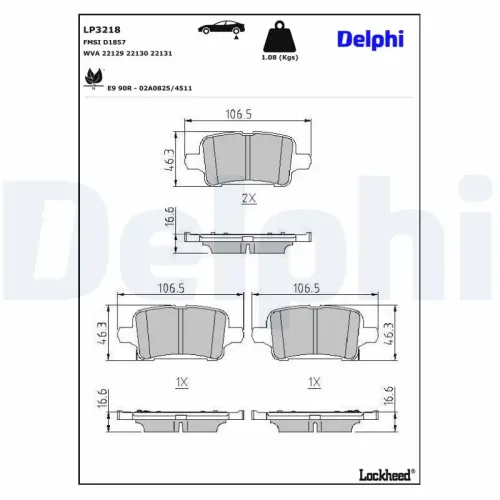 Bremsbelagsatz, Scheibenbremse Hinterachse DELPHI LP3218 Bild Bremsbelagsatz, Scheibenbremse Hinterachse DELPHI LP3218
