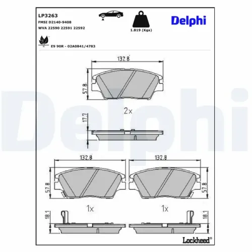 Bremsbelagsatz, Scheibenbremse DELPHI LP3263 Bild Bremsbelagsatz, Scheibenbremse DELPHI LP3263