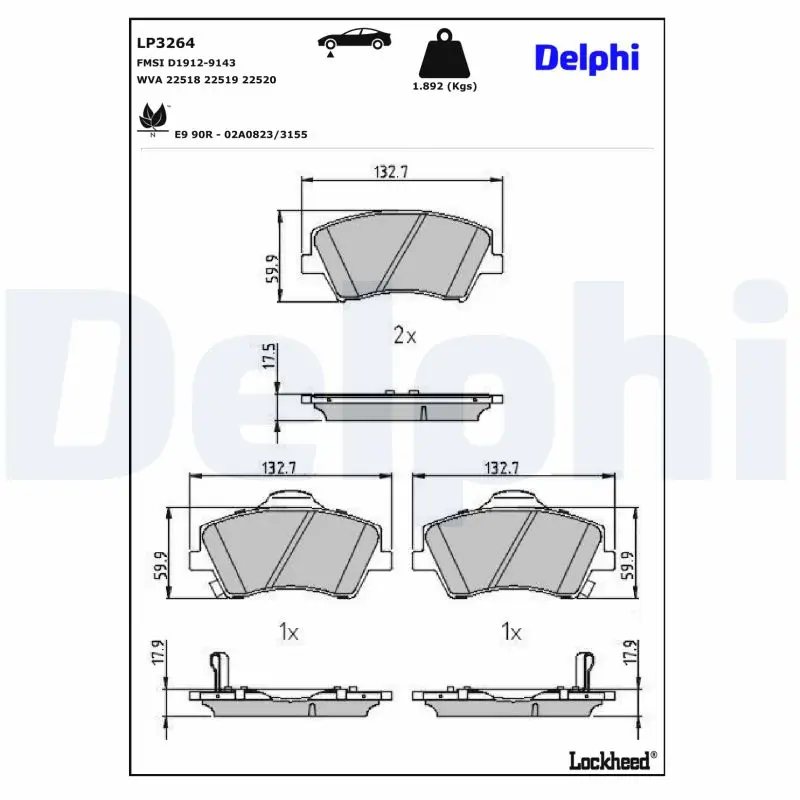 Bremsbelagsatz, Scheibenbremse Vorderachse DELPHI LP3264