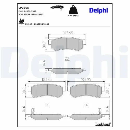 Bremsbelagsatz, Scheibenbremse Hinterachse DELPHI LP3305 Bild Bremsbelagsatz, Scheibenbremse Hinterachse DELPHI LP3305
