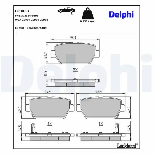 Bremsbelagsatz, Scheibenbremse Hinterachse DELPHI LP3433 Bild Bremsbelagsatz, Scheibenbremse Hinterachse DELPHI LP3433