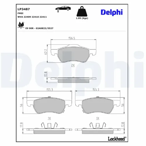 Bremsbelagsatz, Scheibenbremse Vorderachse DELPHI LP3487 Bild Bremsbelagsatz, Scheibenbremse Vorderachse DELPHI LP3487