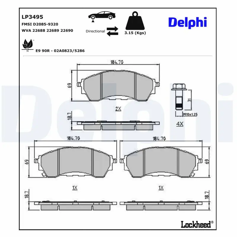 Bremsbelagsatz, Scheibenbremse Vorderachse DELPHI LP3495