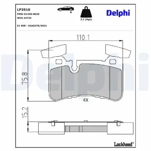 Bremsbelagsatz, Scheibenbremse Hinterachse DELPHI LP3516 Bild Bremsbelagsatz, Scheibenbremse Hinterachse DELPHI LP3516