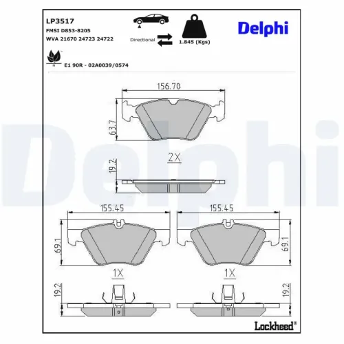 Bremsbelagsatz, Scheibenbremse Vorderachse DELPHI LP3517 Bild Bremsbelagsatz, Scheibenbremse Vorderachse DELPHI LP3517